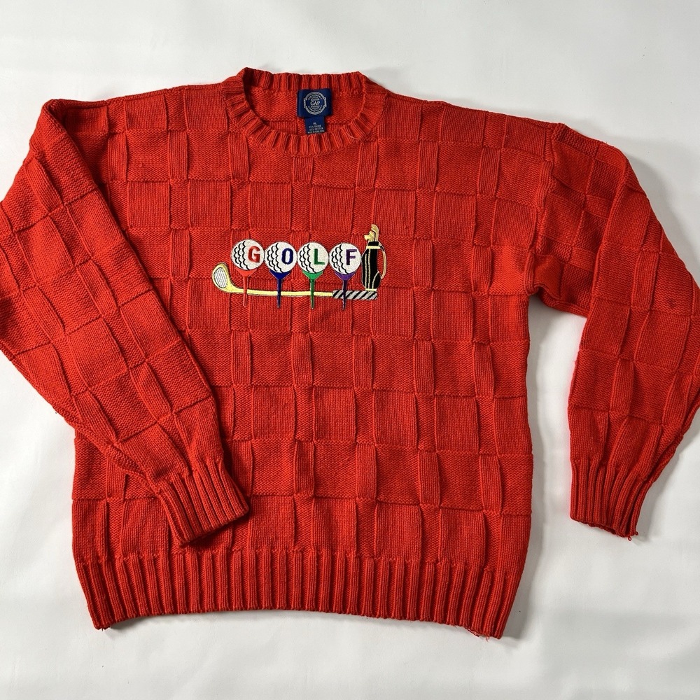 Vintage Gap Red Cotton Blend  Knit Sweater GOLF EMBROIDERED Unisex XL Crewneck